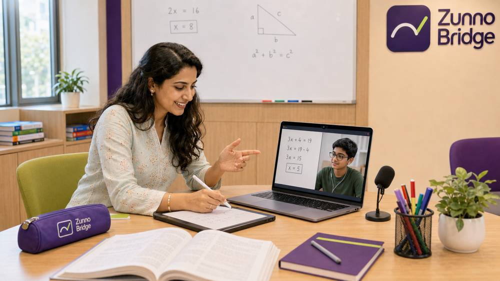 A one-to-one Zunno Bridge session: the teacher solves an equation step by step while the student follows on video
